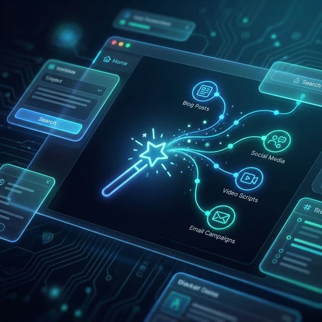AI content creation workspace with a magic wand connecting posts, scripts and campaigns